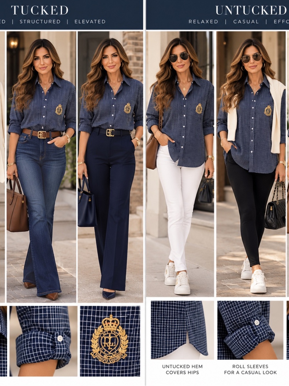 RALPH LAUREN Classic Navy Plaid Button-Down Shirt with Crest - Women 4 fits 6